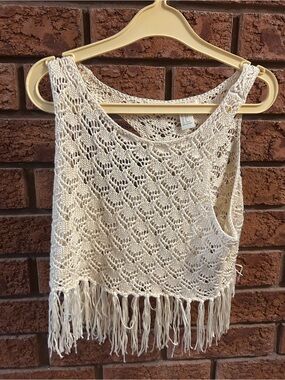 Forever 21 Cream Crochet Fringe Tank